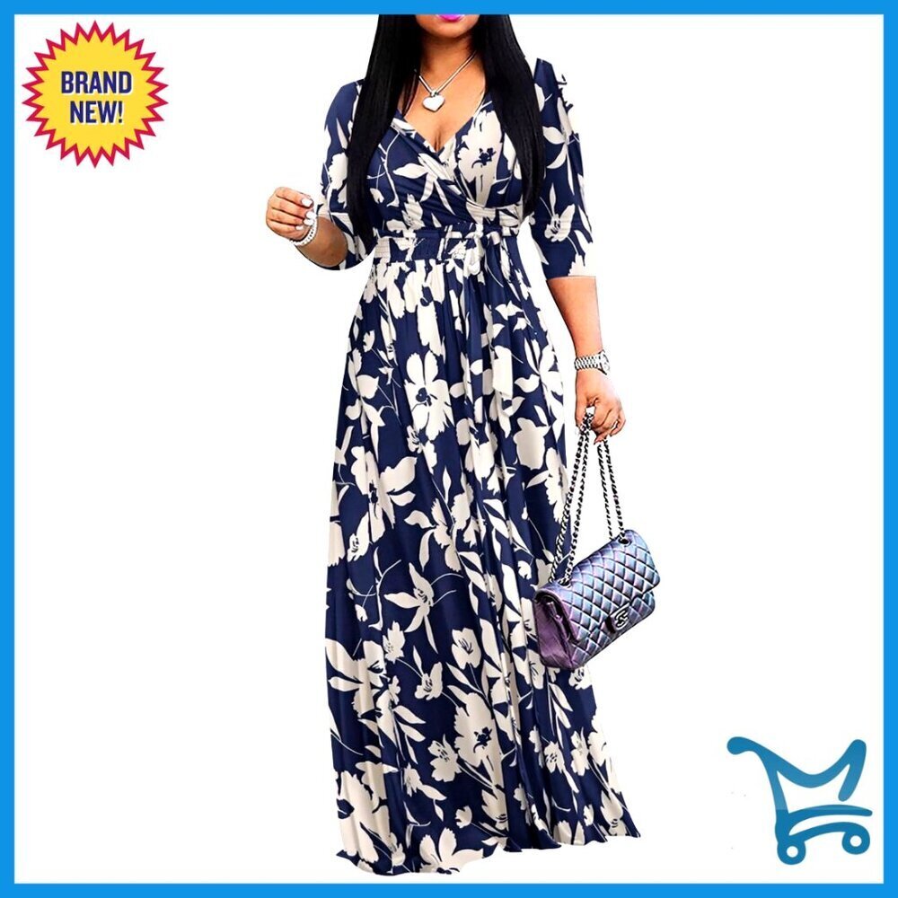 Maxi Dress Casual Summer Wrap V Neck 3/4 Sleeve Sundress with Pockets Plus Size